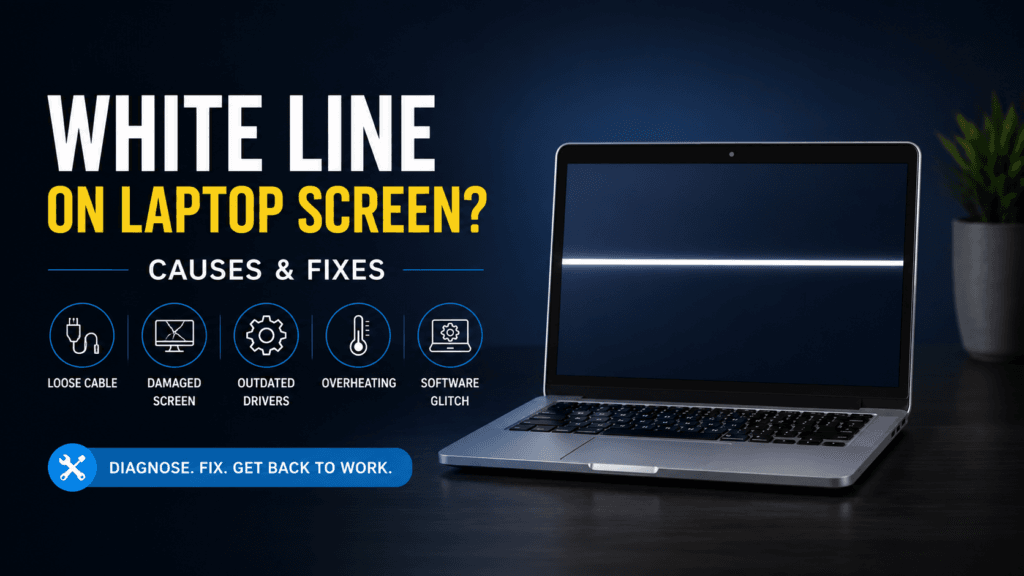 Laptop screen showing a white horizontal line