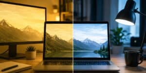 Laptop screen showing a yellow tint display before color correction