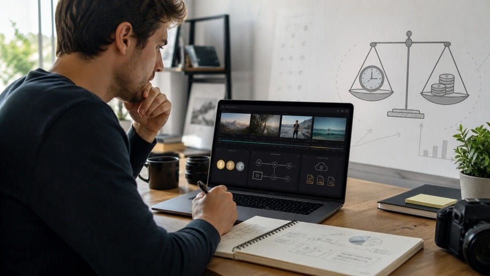 A creator balancing time, credits, revisions, and exports in an AI video workflow