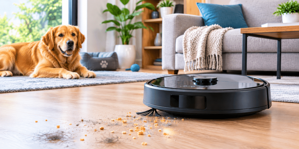 Robot vacuum cleaning everyday dust, crumbs and pet hair