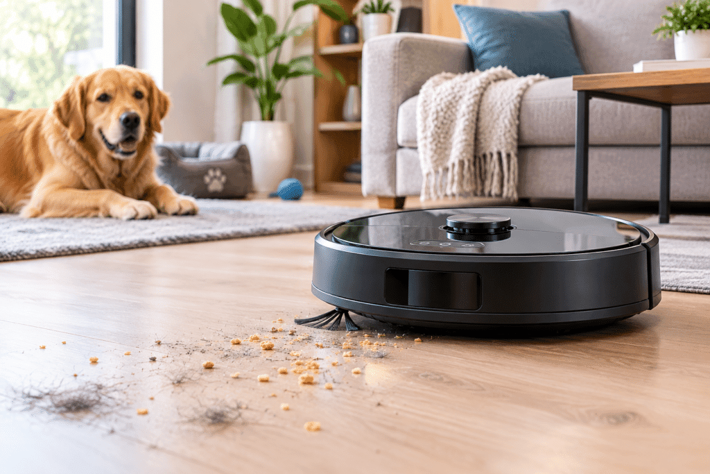 Robot vacuum cleaning everyday dust, crumbs and pet hair