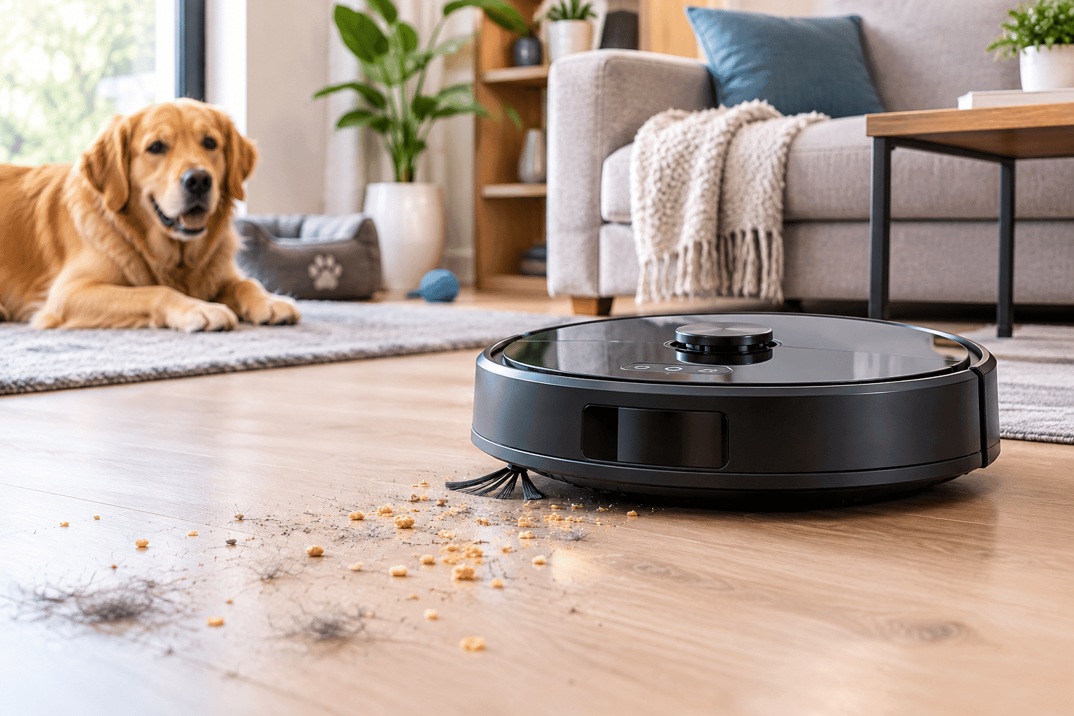 Robot vacuum cleaning everyday dust, crumbs and pet hair
